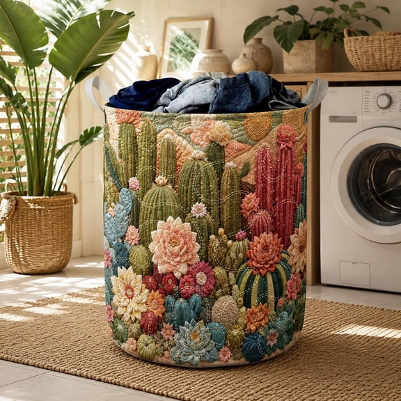 Cactus Quilted Laundry Basket, Desert Flower Hamper, Boho Succulent Laundry Bin, Southwest Storage Basket