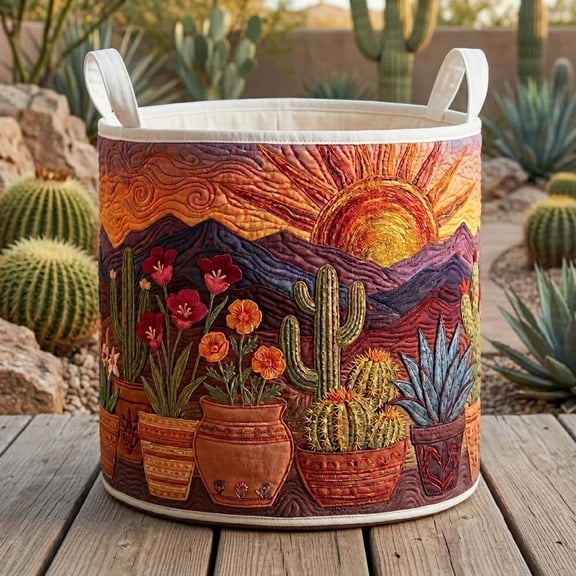 Cactus Quilted Laundry Basket: Desert Sunset Clothes Hamper, Housewarming Gift
