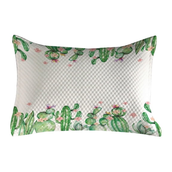 Cactus Quilted Pillowcover, Mexico Style Romantic Tender Blossoms and Barren Heath Natural Vegetation, Standard King Size Accent Pillow Cover for Bedroom, 36" x 20", Green Coral Lavender, by Ambesonne