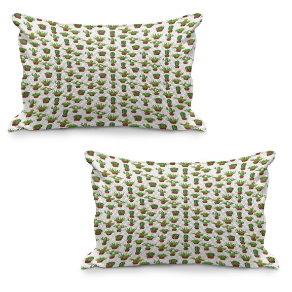 Cactus Quilted Pillowcover Set of 2, Abstract Floral Pattern with Vases and Pots Botany Spring Season Cartoon, Standard Queen Size Pillow Cover Bedroom, 30" x 20", Green Brown Marigold, by Ambesonne