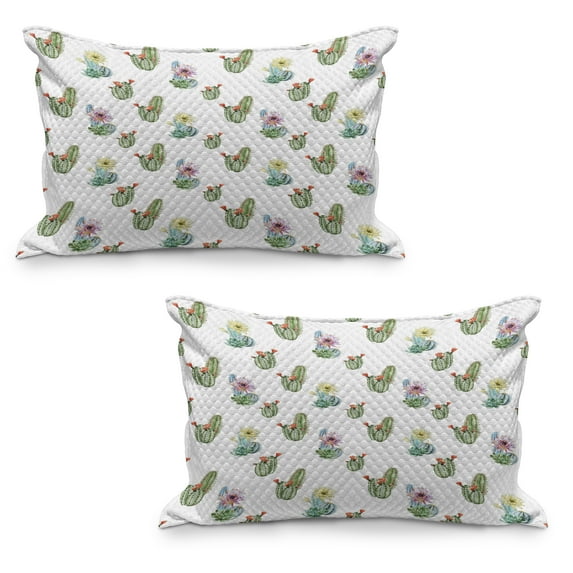 Cactus Quilted Pillowcover Set of 2, Thorny Vintage Hawaiian Nature Flourishing Succulents and Cactus Bouquets Picture, Standard Queen Size Pillow Cover Bedroom, 36" x 20", Multicolor, by Ambesonne