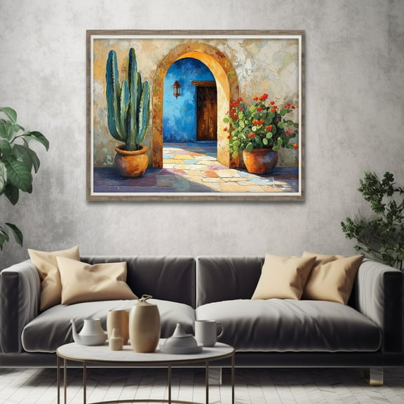 Cactus Red Flowers Canvas Poster Mexico Archway Print Wall Art Painting For Farmhouse Dorm Room Living Room Home Decor Unframed