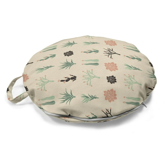 Cactus Round Floor Cushion with Handle, Sempervivum Haworthia Opuntia Succulents on Pastel Backdrop, Decorative Pillow for Living Room & Dorms, 18" Round, Champagne Peach, by Ambesonne