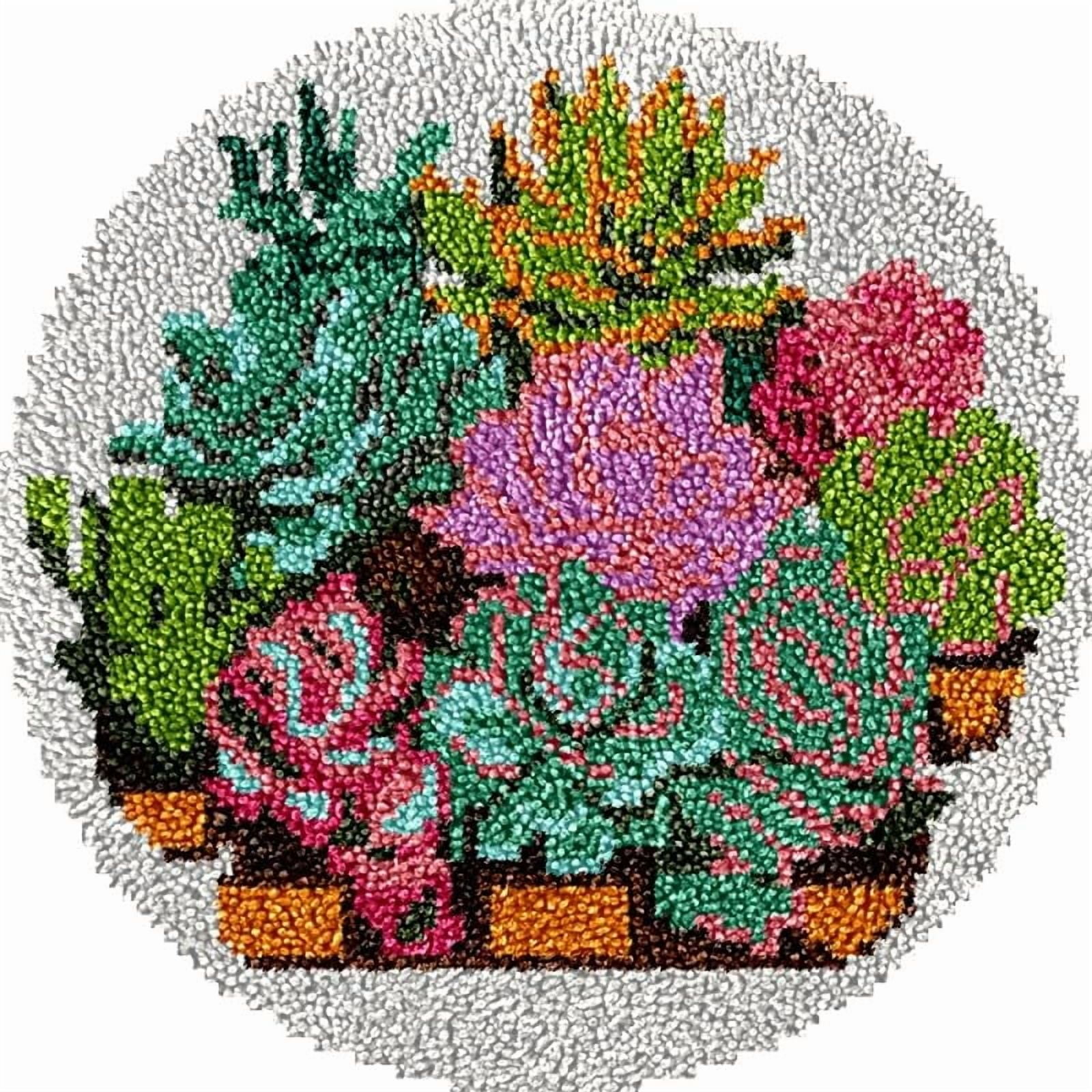 Cactus Round Shape Latch Hook Rug Kits Set for Starter Crochet Hook Cushion Mat Sofa Seat Cushion Crocheting Kits with Preprinted Canvas Crochet Yarn Kits 50X50cm (ui158)