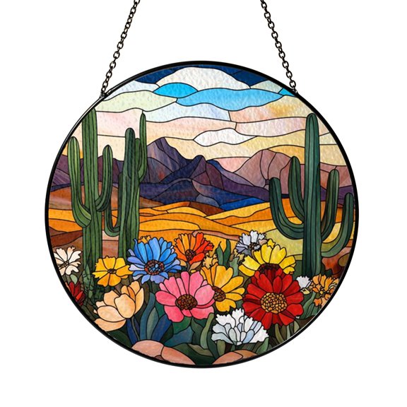 Cactus Scene Glass Style Window Hanging – Nature Inspired Decoration