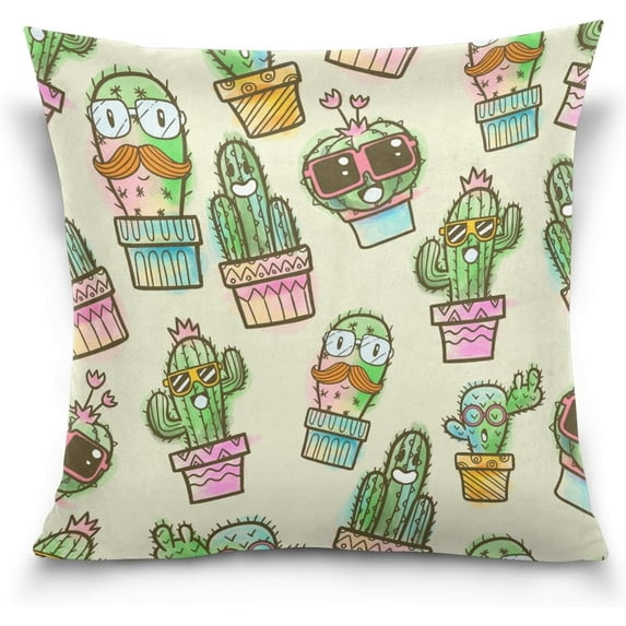 Cactus Seamless Pattern Velvet Plush Throw Pillow Cushion Case Cover - 18" x 18" - Invisible Zipper Home Decor Floral for Couch Sofa No Pillow Insert