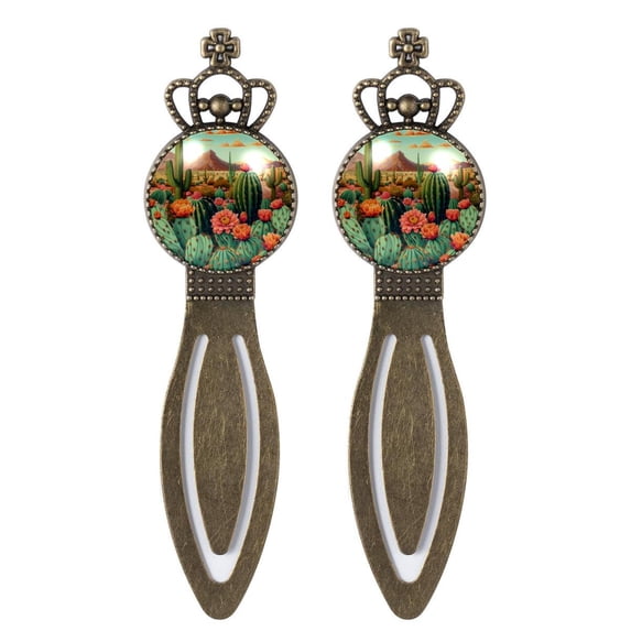 Cactus Set of 2 Vintage Copper Crown-Shaped Stainless Steel Bookmarks - Reading Accessories Gift for Book Lovers and Readers