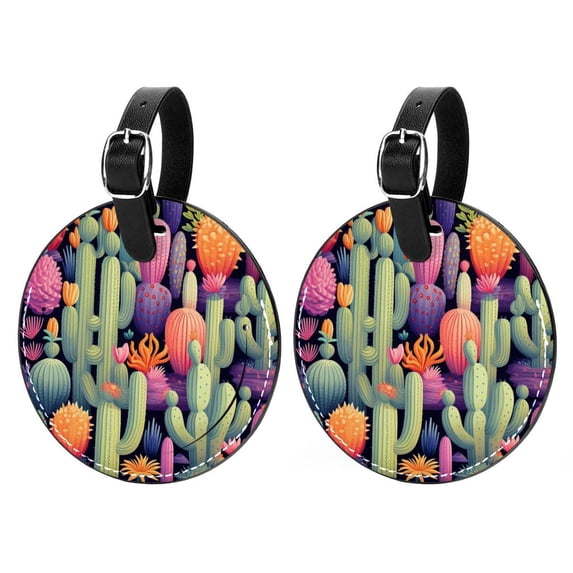 Cactus Set of 2pcs PU Leather Round Suitcase Tags with Privacy Cover and Name ID Tag - Ideal for Travel Luggage, Handbags, Backpacks, School Bags