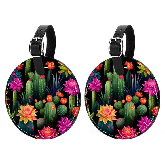 Cactus Set of 2pcs PU Leather Round Suitcase Tags with Privacy Cover and Name ID Tag - Ideal for Travel Luggage, Handbags, Backpacks, School Bags