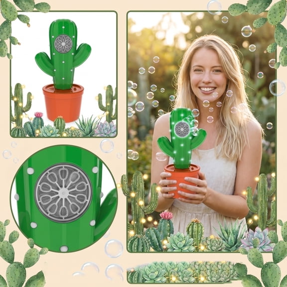 Cactus Shaped Bubble Machine - Rechargeable Electric Bubble Blower with LED Lights & Multi-Hole Output, Indoor & Outdoor Atmosphere Tool