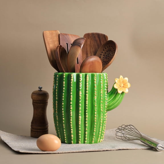 Cactus Shaped Ceramic Kitchen Utensil Holder, Large Cooking Utensil Crocks for Kitchen Countertop, Ceramic Utensil Organizer, Yellow Flower
