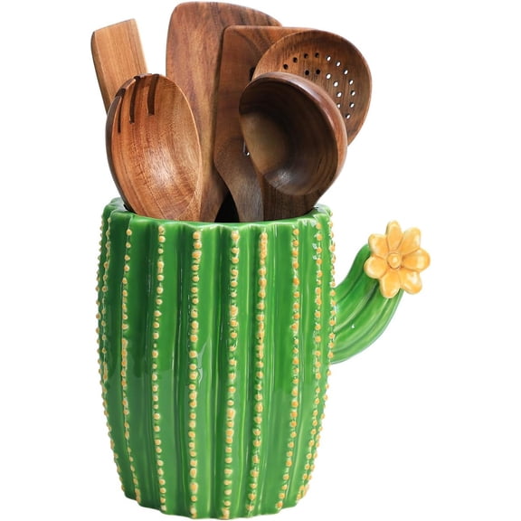 Cactus Shaped Ceramic Kitchen Utensil Holder, Large Cooking Utensil Crocks for Kitchen Countertop, Ceramic Utensil Organizer, Yellow Flower