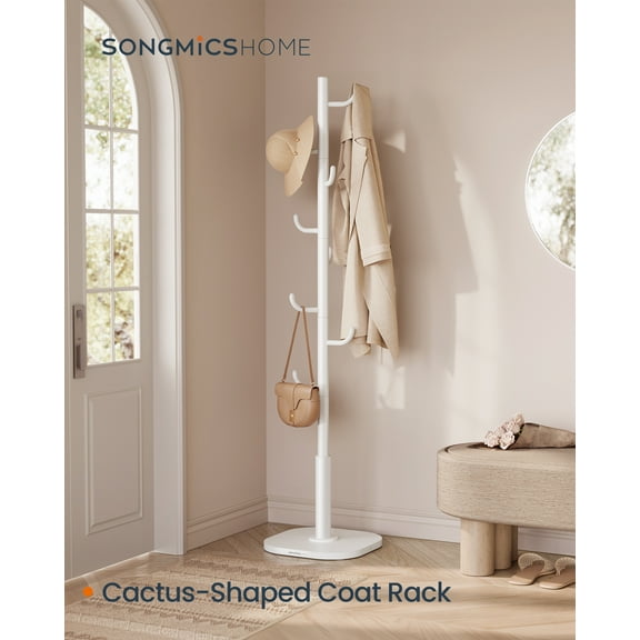 Cactus-Shaped Coat Rack Freestanding with 8 Sturdy Hooks, Curved Ends, 69 Inches Tall for Clothes Hats Bags, Cloud White