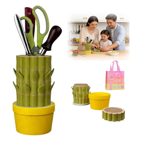 Cactus-Shaped Knife Holder Stand, Ceramic Countertop Knife Block with 6 Slots - Space-Saving Round Design, Kitchen Organizer & Decor for Small Spaces(XX)