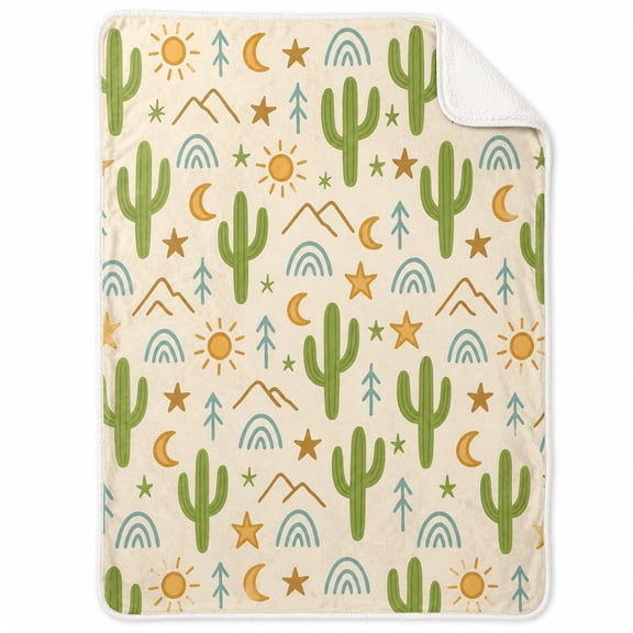 Cactus Sherpa Blanket, Desert Sun Moon Star Print Cozy Polyester Fleece Throw