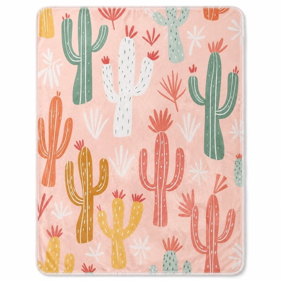 Cactus Sherpa Throw Blanket, Multicolor Polyester Fleece Front with Sherpa Back