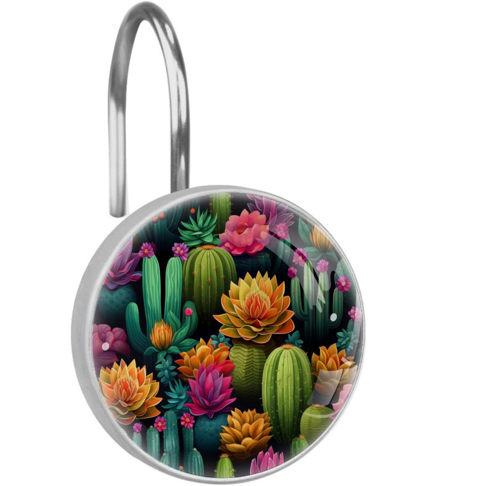 Cactus Shower Curtain Hooks （Set of 12） for Home Hotel Shower Rods Bathroom Crystal Glass Print Stainless Steel Round Curtain Hooks
