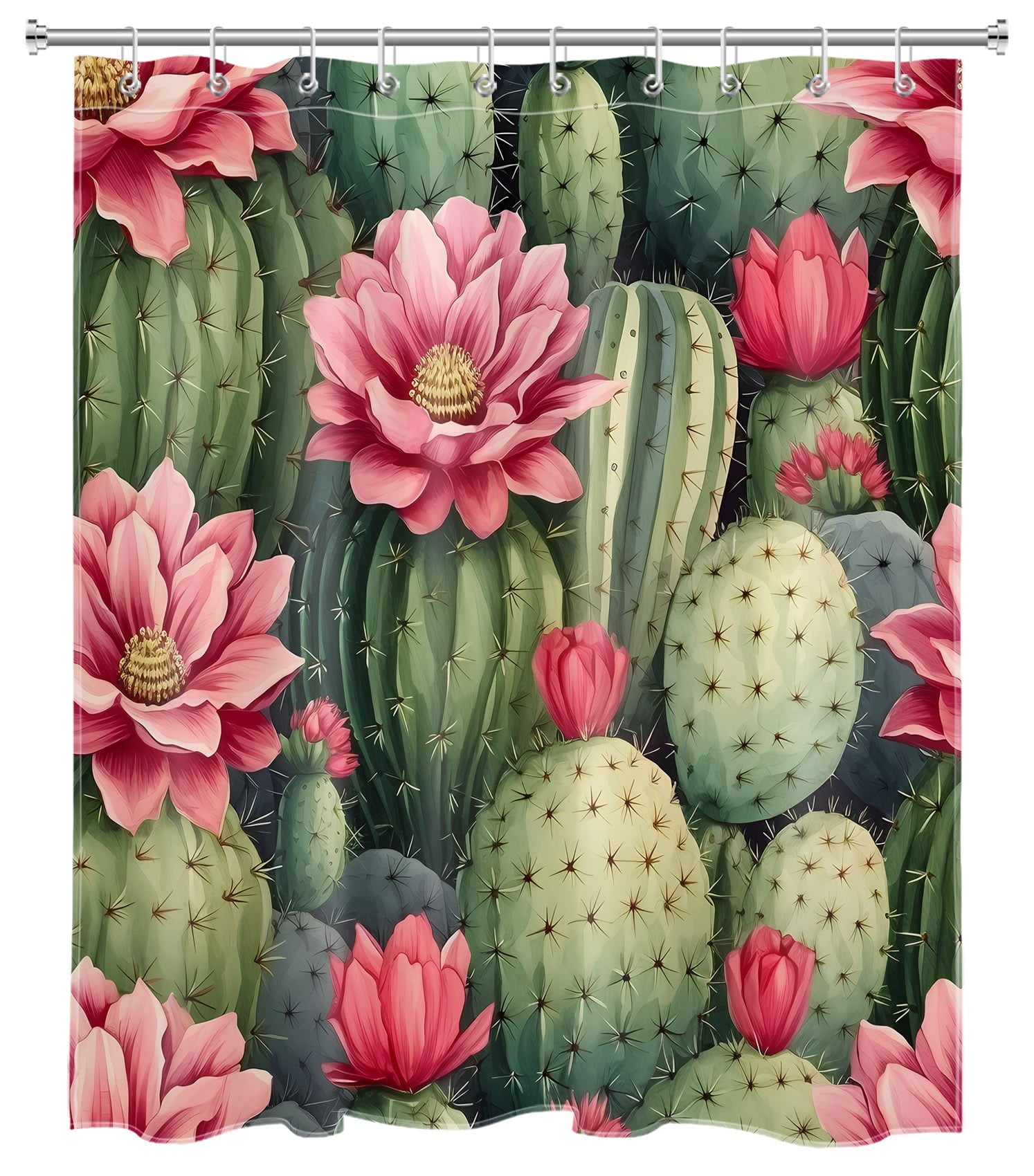 Cactus Shower Curtain Pink Floral Green Tropical Plant Bathroom Shower Curtain Watercolor Rustic Art Home Decor Waterproof Durable Shower Curtain Accessories with 10 Hooks 60x72 Inches