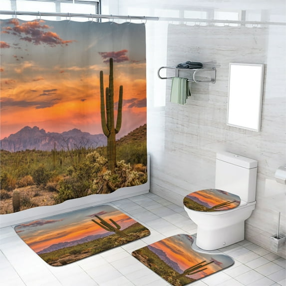 Cactus Shower Curtain Set with Rugs Western Landscape Sunset Desert with Toilet Lid Cover, Bath Mat, Shower Curtains for Bathroom Rug Set, 72x72 Inch