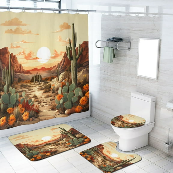 Cactus Shower Curtain Sets with Rugs 4 Piece Abstract Mountain Desert Boho Sunset Landscape with Non-Slip Rugs Toilet Lid Cover and Bath Mat Bathroom Decor Set, 72x72 Inch