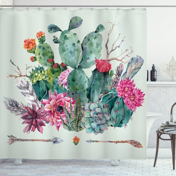 Cactus Shower Curtain, Spring Garden with Boho Style Bouquet of Thorny Plants Blossoms Arrows Feathers, Fabric Bathroom Set with Hooks, 69W X 75L Inches Long, Multicolor, by Ambesonne