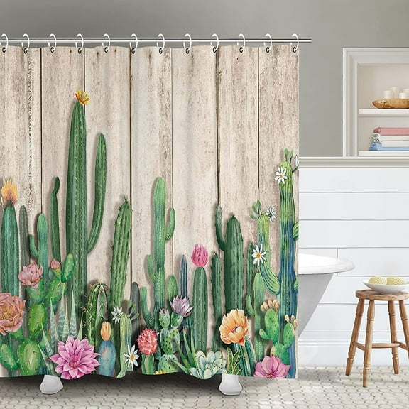 Cactus Shower Curtain, Succulent Shower Curtain, Southwest Plant Tropical Desert Style Shower Curtain Set 72Wx72H Inch Shower Curtains with 12 Hooks Wooden Board Bathroom Decor