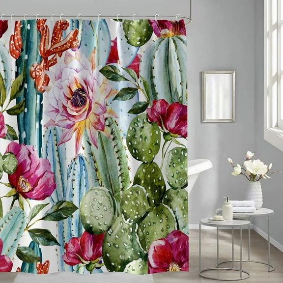 Cactus Shower Curtain, Tropical Plant Succulent Cacti Shower Curtain Set with 12 Hooks, Plant Shower Curtains for Bathroom, Waterproof Washable Polyester Bath Curtain (Multi Color, 72 x 72 Inches)