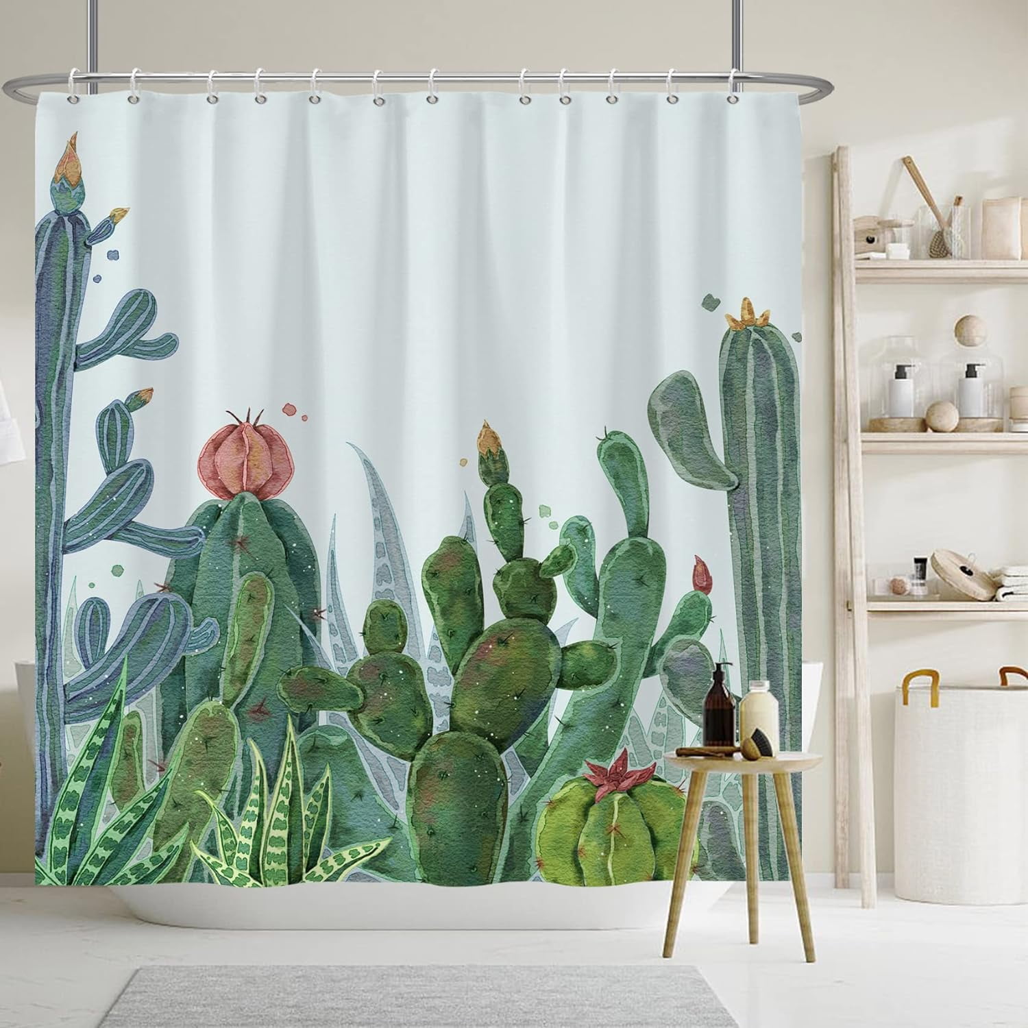 Cactus Shower Curtain Watercolor Tropical Succulent Plants Cactus Flowers Shower Curtains for Bathroom Bathtubs Waterproof Fabric Shower Curtain with Hooks 72x72 Inches