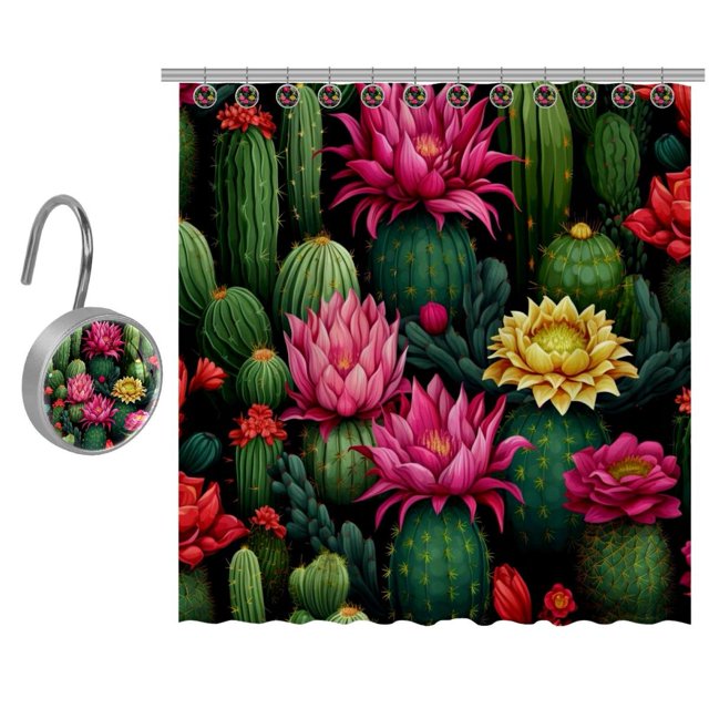 Cactus Shower Curtain, Waterproof Bathroom Decor Set with Hooks