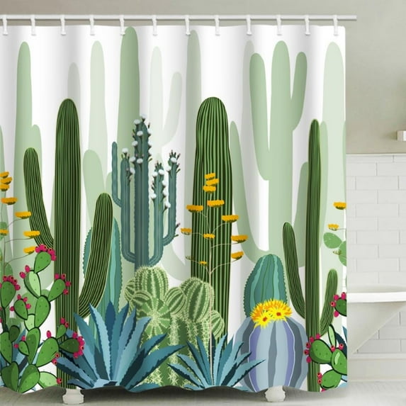 Cactus Shower Curtain for Bathroom with Hooks, Tropical Watercolor Decorative Long Cloth Fabric Shower Curtain Bath Decorations- 77Wx72L, Green