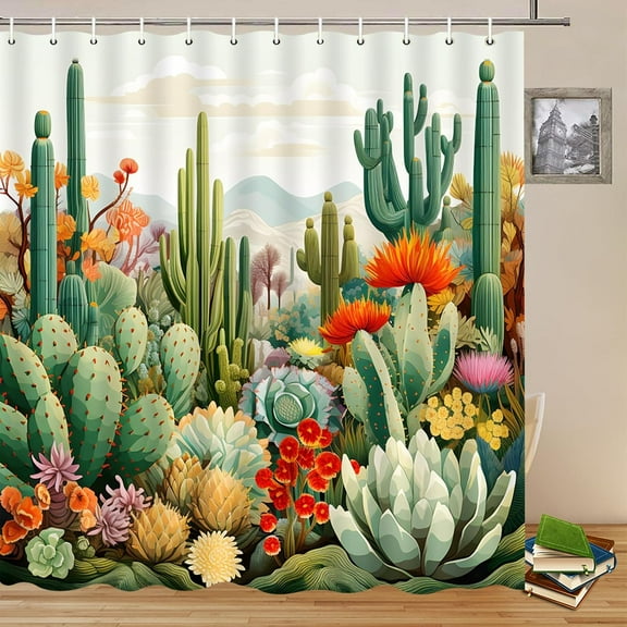 Cactus Shower Curtains Tropical Plants and Flowers Succulent Flower Desert Mountain Landscape Bathroom Decor Polyester Fabric Curtains with Hooks-36"W x 72"L (Pack of 1)