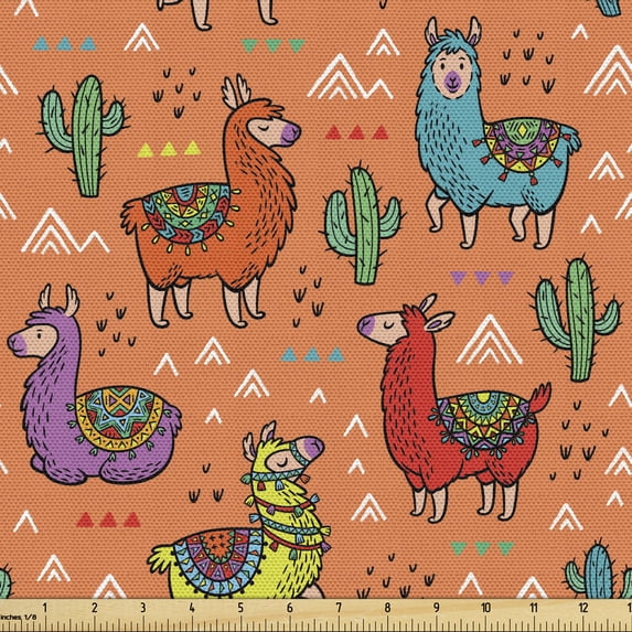 Cactus Sofa Upholstery Fabric by the Yard, Colorful Alpacas in Mexico Latino Foliage Curved Lines Cartoon Characters, Decorative Fabric for DIY & Home Accents, 1 Yard, Multicolor by Ambesonne