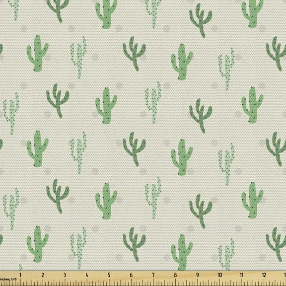 Ambesonne Cactus Fabric by the Yard Upholstery, Vivid Minimal Cacti Pattern, 10 Yards, Eggshell and Fern Green