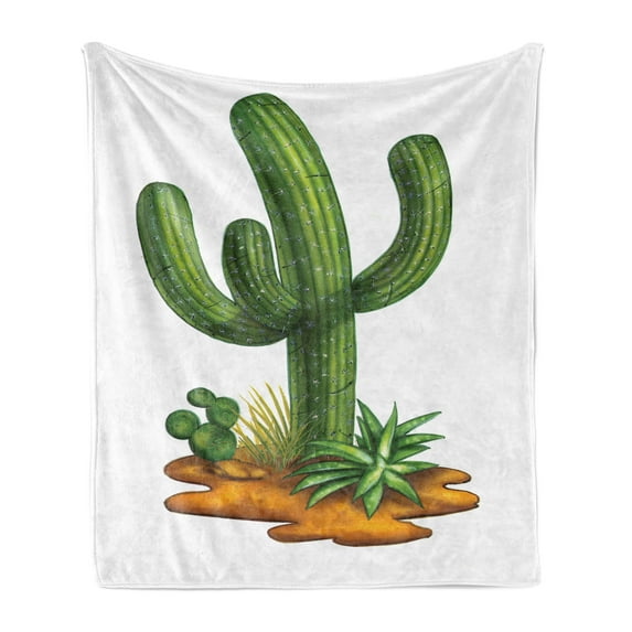 Cactus Soft Flannel Fleece Blanket, Arid Climate Flora Saguaro Plant Succulent Illustration South America Mexico, Cozy Plush for Indoor and Outdoor Use, 50" x 60", Green Pale Caramel, by Ambesonne