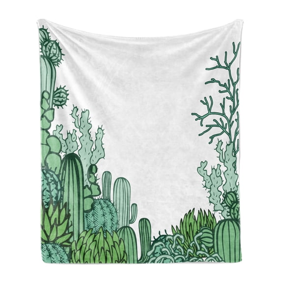 Cactus Soft Flannel Fleece Blanket, Arizona Desert Themed Doodle Cactus Staghorn Buckhorn Ocotillo Plants, Cozy Plush for Indoor and Outdoor Use, 70" x 90", Green Pale Green Seafoam, by Ambesonne