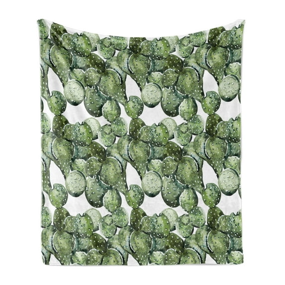 Cactus Soft Flannel Fleece Blanket, Botany Themed Plants Opuntia Plants Prickly Pear Watercolor Drawing Effect Tropical, Cozy Plush for Indoor and Outdoor Use, 60" x 80", Green White, by Ambesonne