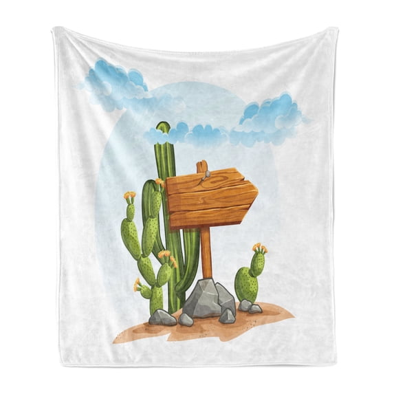 Cactus Soft Flannel Fleece Blanket, Cartoon Style Arid Country Plants with Blooming Flowers Nailed Wooden Sign on Rocks, Cozy Plush for Indoor and Outdoor Use, 50" x 70", Multicolor, by Ambesonne