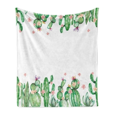 Cactus Soft Flannel Fleece Blanket, Mexico Style Romantic Tender Blossoms and Barren Heath Natural Vegetation, Cozy Plush for Indoor and Outdoor Use, 60" x 80", Green Coral Lavender, by Ambesonne