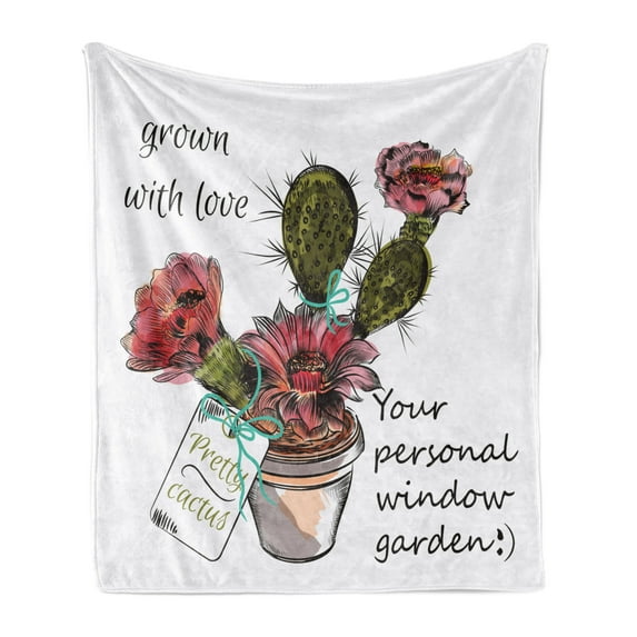 Cactus Soft Flannel Fleece Blanket, Sketch Prickly Pear Watercolor Style Exotic Tropic Succulent Plant for Window Garden, Cozy Plush for Indoor and Outdoor Use, 60" x 80", Multicolor, by Ambesonne