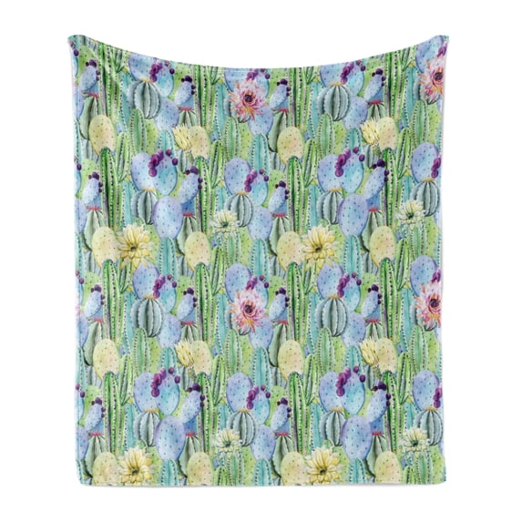 Cactus Soft Flannel Fleece Blanket, Types of Cactus Plant Pattern with Flowers and Buds Fruits Nature Artwork Image, Cozy Plush for Indoor and Outdoor Use, 50" x 70", Green and Blue, by Ambesonne