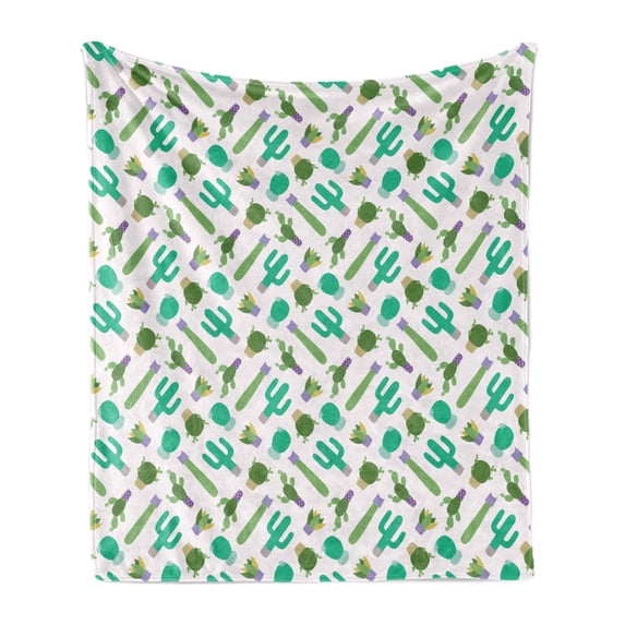 Cactus Soft Flannel Fleece Blanket, Upside down Plants Graphic Design Gardening Greenery Flowers Cartoon Style, Cozy Plush for Indoor and Outdoor Use, 60" x 80", Sea Green Multicolor, by Ambesonne