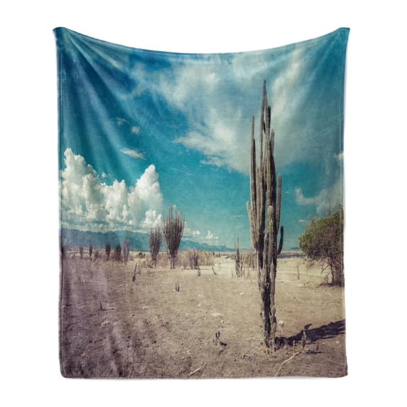 Cactus Soft Flannel Fleece Throw Blanket, Abandoned Desert with Dried Cactus Flowers on a Sunny Hot Summer Day Photo Image, Cozy Plush for Indoor and Outdoor Use, 70" x 90", Multicolor, by Ambesonne