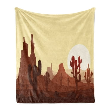 Cactus Soft Flannel Fleece Throw Blanket, Arid Country Landscape Sunset in Stone Desert Saguaro and Mountains, Cozy Plush for Indoor and Outdoor Use, 50" x 60", Yellow Brown Redwood, by Ambesonne