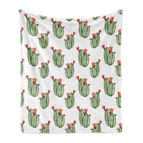 Cactus Soft Flannel Fleece Throw Blanket, Cacti Spikes and Red Flowers Mexican Hot Desert Vintage Image Artwork, Cozy Plush for Indoor and Outdoor Use, 50" x 60", Green and Orange, by Ambesonne
