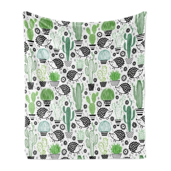 Cactus Soft Flannel Fleece Throw Blanket, Cartoon Style Inspired Drawing of Hedgehog Animals Saguaro and Prickly Pear, Cozy Plush for Indoor and Outdoor Use, 50" x 60", Multicolor, by Ambesonne