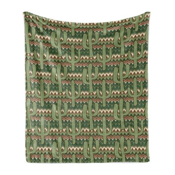 Cactus Soft Flannel Fleece Throw Blanket, Cartoon Style Saguaro Cactus on Zigzag Stripes Background, Cozy Plush for Indoor and Outdoor Use, 60" x 80", Green Pale Brown Beige, by Ambesonne