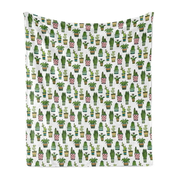 Cactus Soft Flannel Fleece Throw Blanket, Colorful Succulent Houseplants and Cactus Pattern Doodle Style Flowers Pots, Cozy Plush for Indoor and Outdoor Use, 60" x 80", Multicolor, by Ambesonne