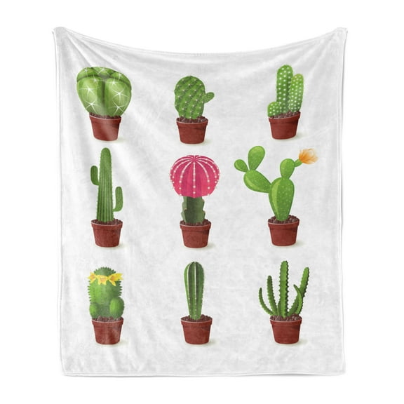 Cactus Soft Flannel Fleece Throw Blanket, Digitally Composed Echino Chin Hedge Cephalocereus Cactus Varieties Cartoon, Cozy Plush for Indoor and Outdoor Use, 50" x 60", Multicolor, by Ambesonne