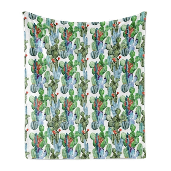 Cactus Soft Flannel Fleece Throw Blanket, Hawaiian Summer Inspired Pattern Blossoms with Botany Theme Watercolors Tropics, Cozy Plush for Indoor and Outdoor Use, 50" x 70", Multicolor, by Ambesonne