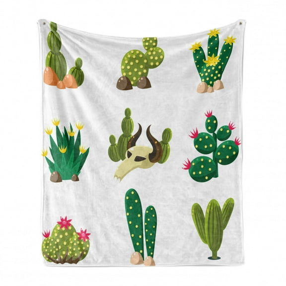 Cactus Soft Flannel Fleece Throw Blanket, Mexican South Desert Animals Cacti Plants Skeletons Flowers Cartoon Image, Cozy Plush for Indoor and Outdoor Use, 60" x 80", Multicolor, by Ambesonne